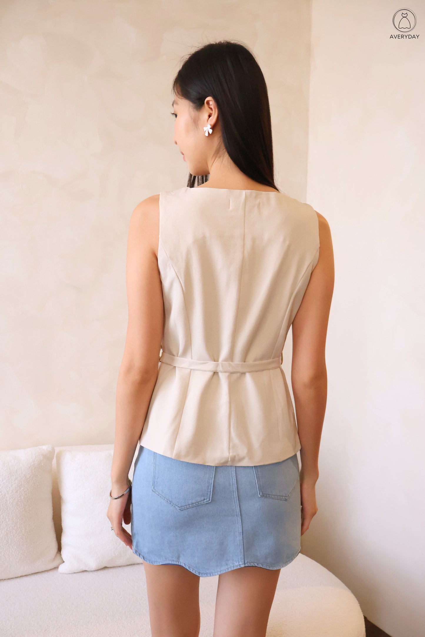 Dazey Button Vest Top With Ribbon Tie In Sand