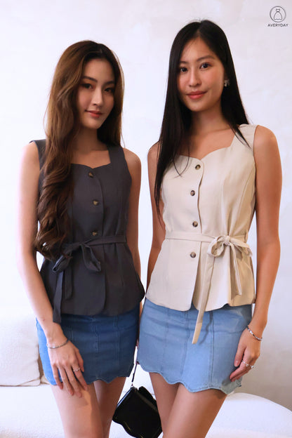Dazey Button Vest Top With Ribbon Tie In Sand