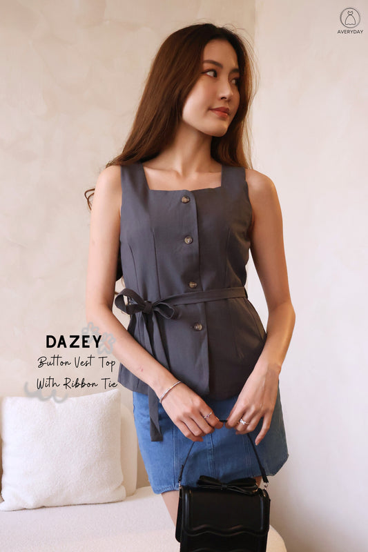 Dazey Button Vest Top With Ribbon Tie In Grey