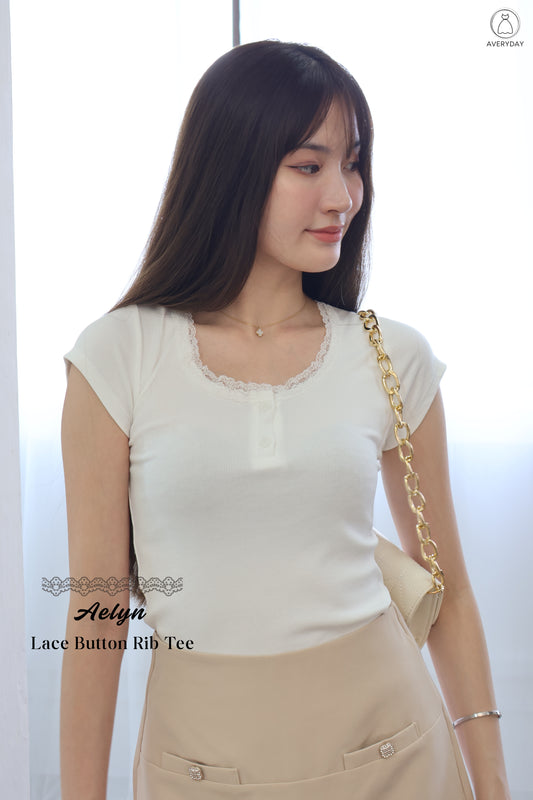 *Star Buy* Aelyn Lace Button Rib Tee In White