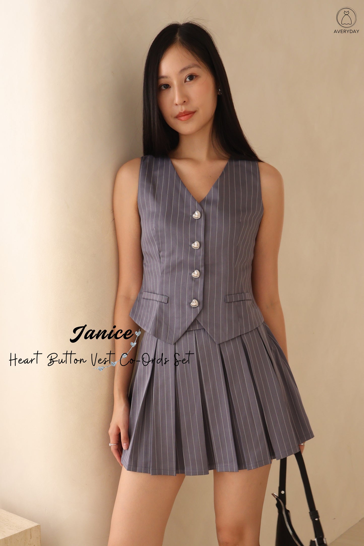 Janice Heart Button Vest Co-Ords Set In Grey Stripe