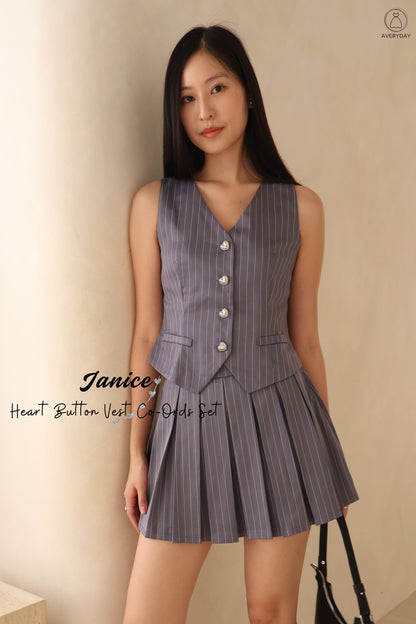 Janice Heart Button Vest Co-Ords Set In Grey Stripe