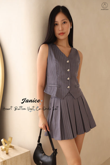 Janice Heart Button Vest Co-Ords Set In Grey Stripe