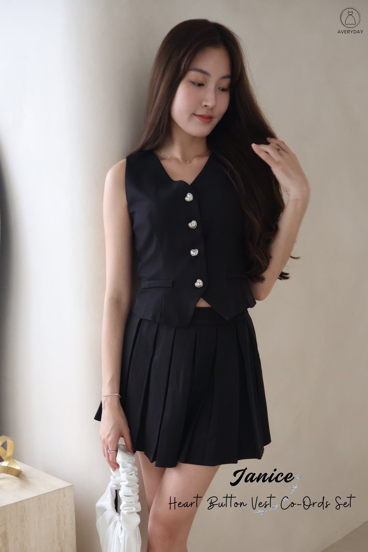 Janice Heart Button Vest Co-Ords Set In Black