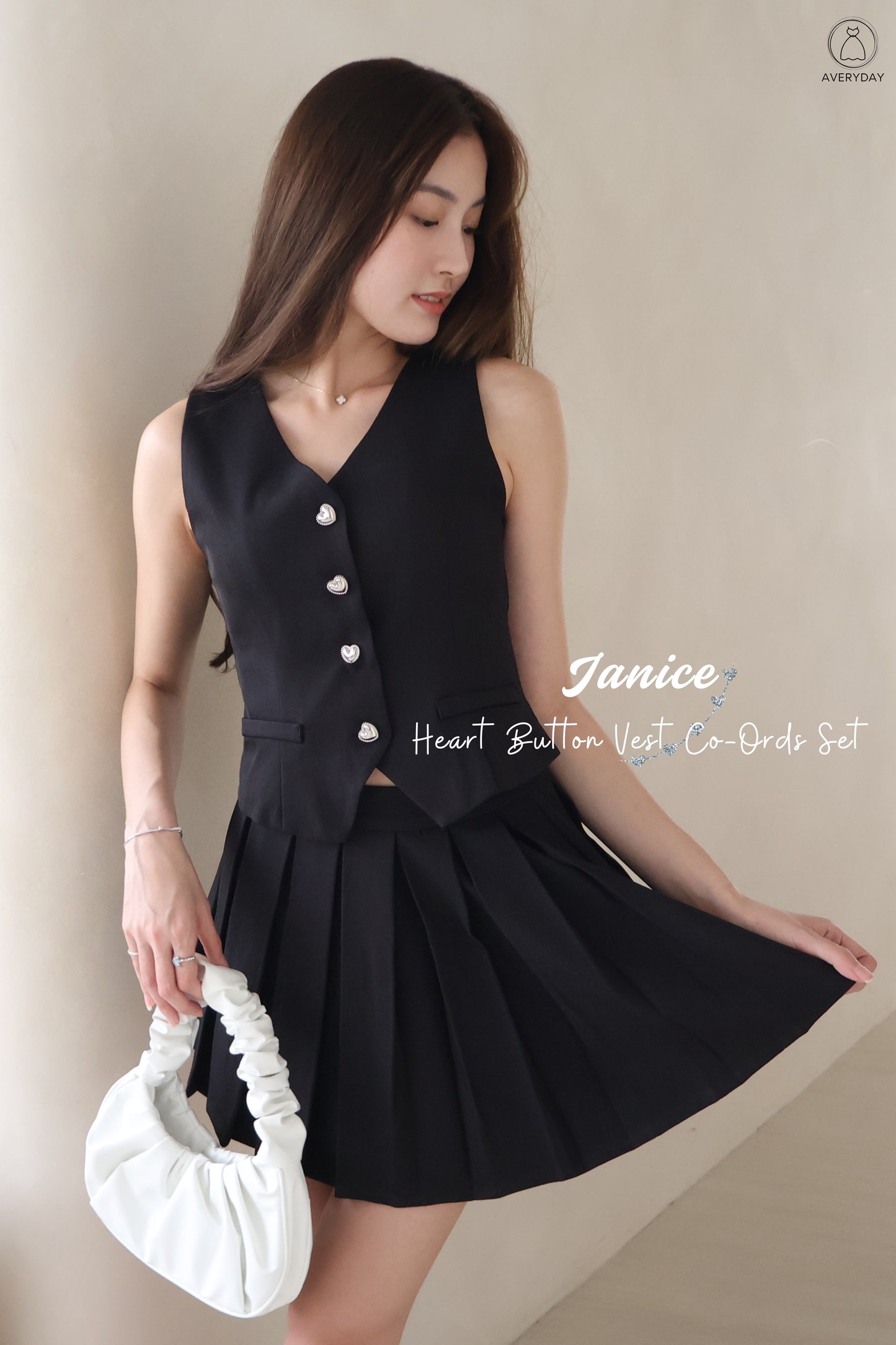 Janice Heart Button Vest Co-Ords Set In Black