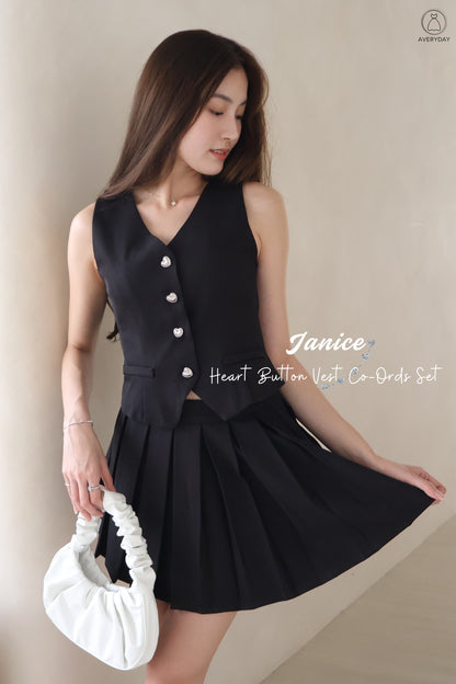Janice Heart Button Vest Co-Ords Set In Black