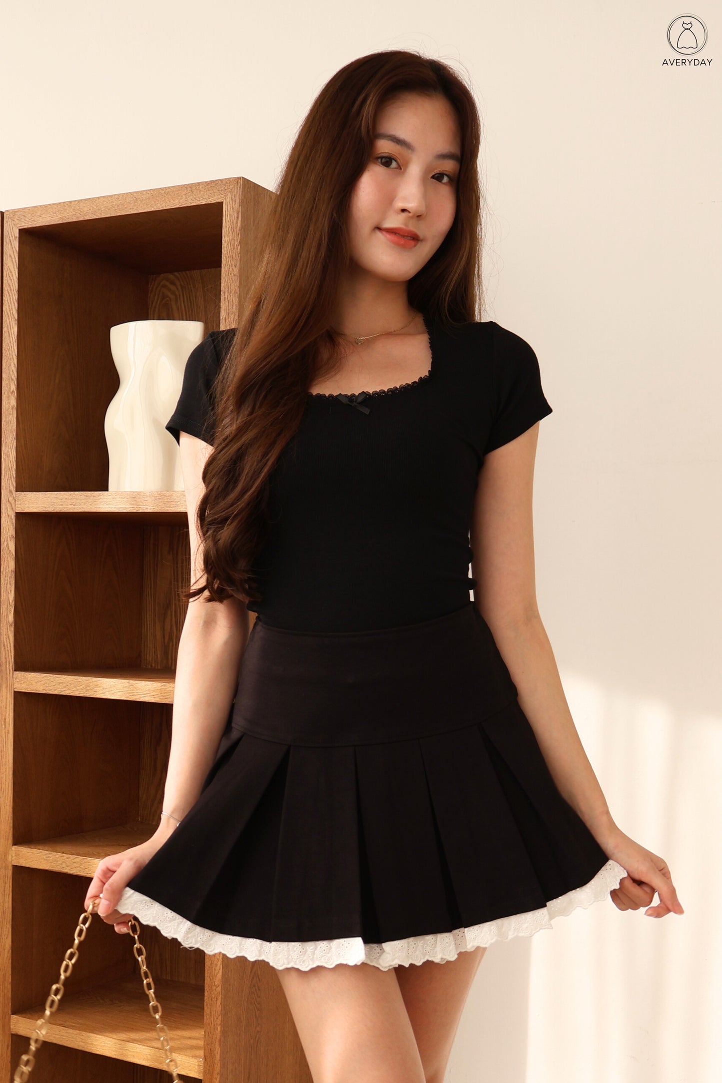 Evie Ribbon Ribbed Top In Black