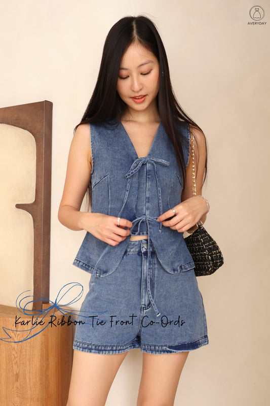 Karlie Ribbon Tie Front Co-Ords In Mid Wash Denim