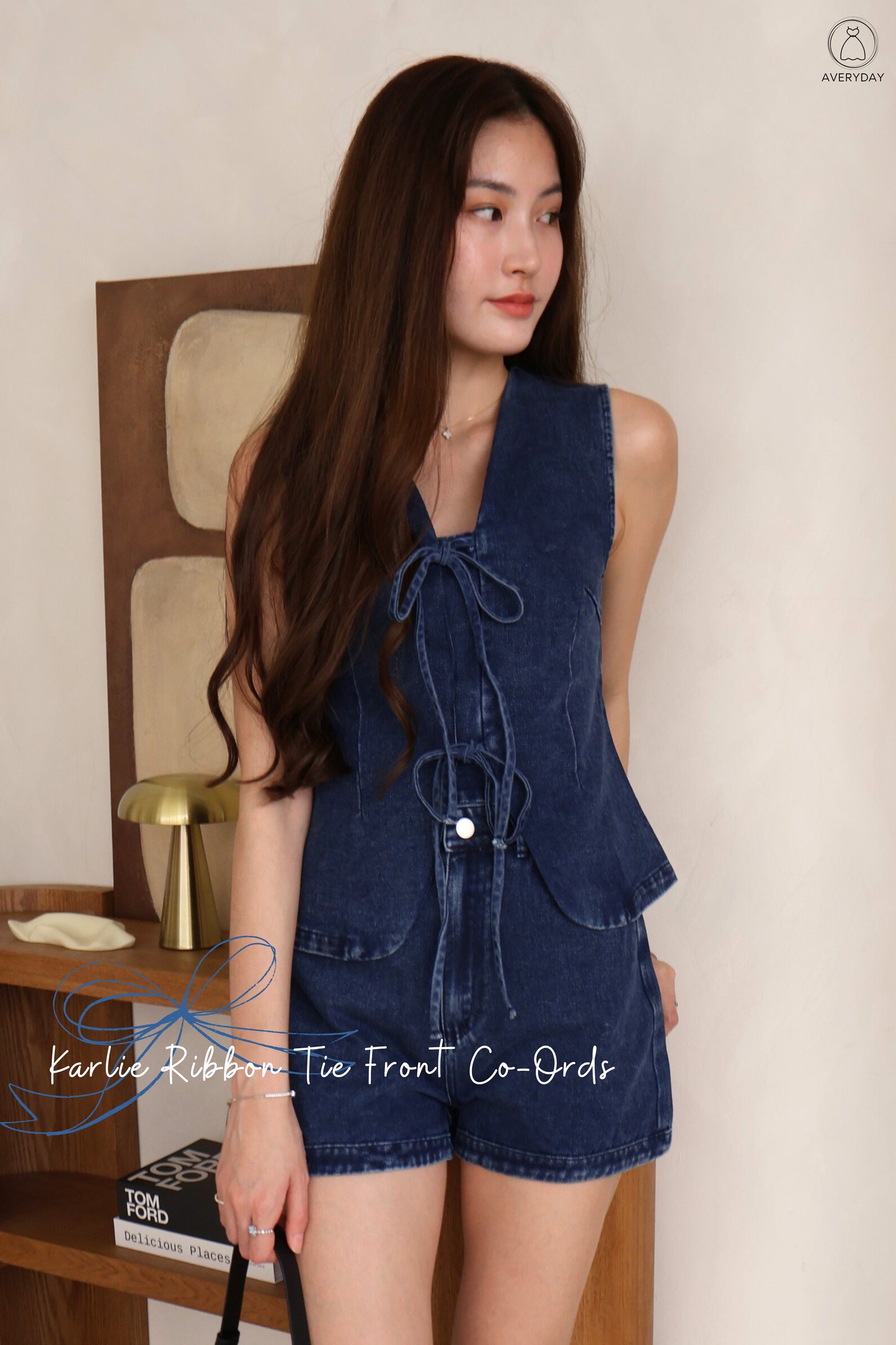 Karlie Ribbon Tie Front Co-Ords In Dark Wash Denim
