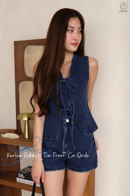 Karlie Ribbon Tie Front Co-Ords In Dark Wash Denim