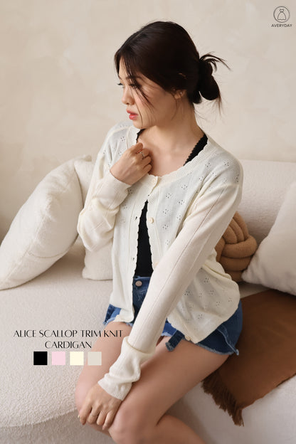 Alice Scallop Trim Knit Cardigan In Cream
