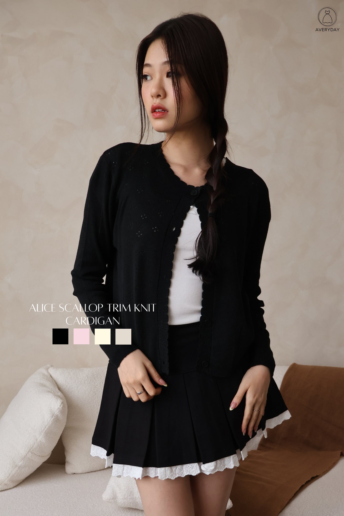 Alice Scallop Trim Knit Cardigan In Black