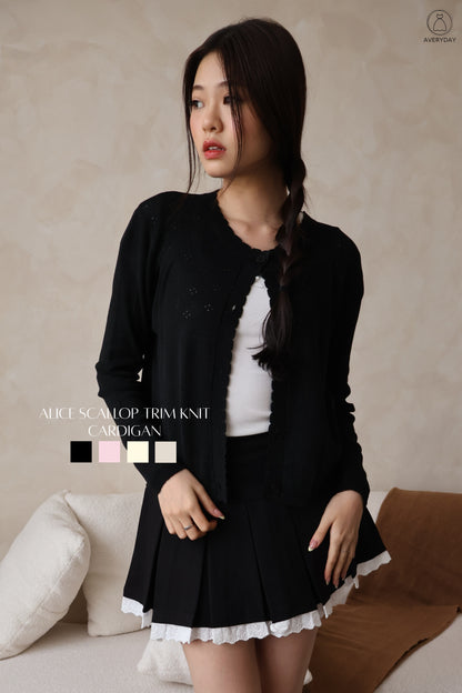 Alice Scallop Trim Knit Cardigan In Black