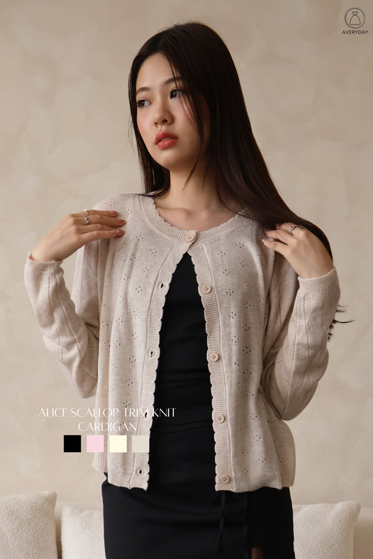 Alice Scallop Trim Knit Cardigan In Oat