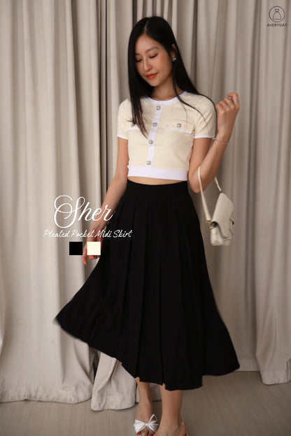 Sher Pleated Pocket Midi Skirt In Black