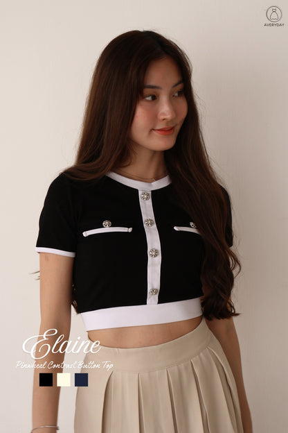 Elaine Pinwheel Contrast Button Top In Black