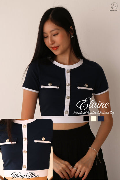 Elaine Pinwheel Contrast Button Top In Navy