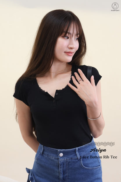 *Star Buy* Aelyn Lace Button Rib Tee In Black