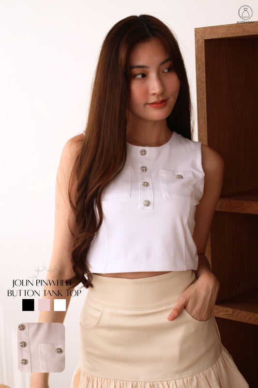 Jolin Pinwheel Button Tank Top In White