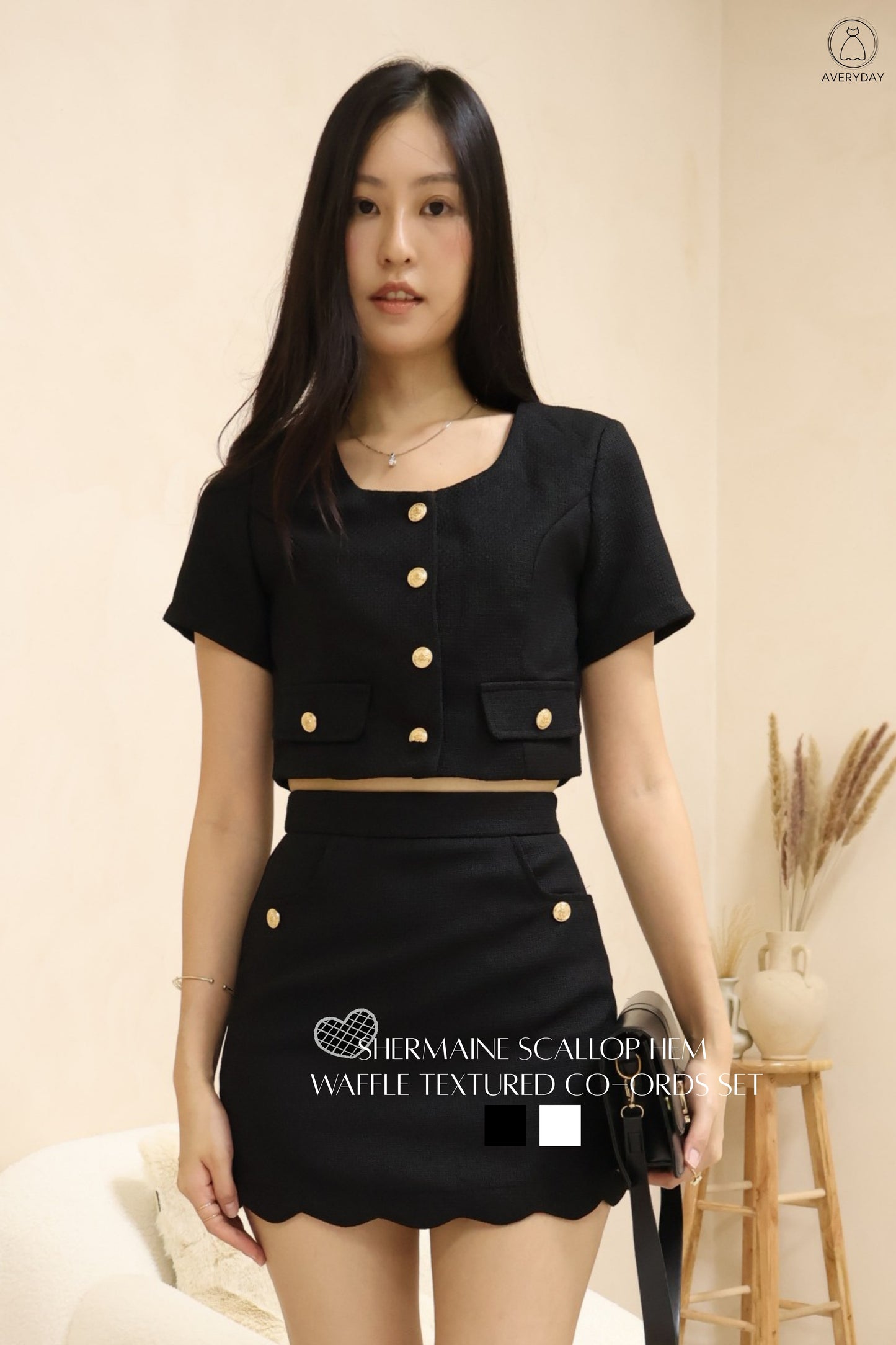 Shermaine Scallop Hem Waffle Textured Co-Ords Set In Black