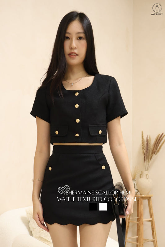 Shermaine Scallop Hem Waffle Textured Co-Ords Set In Black
