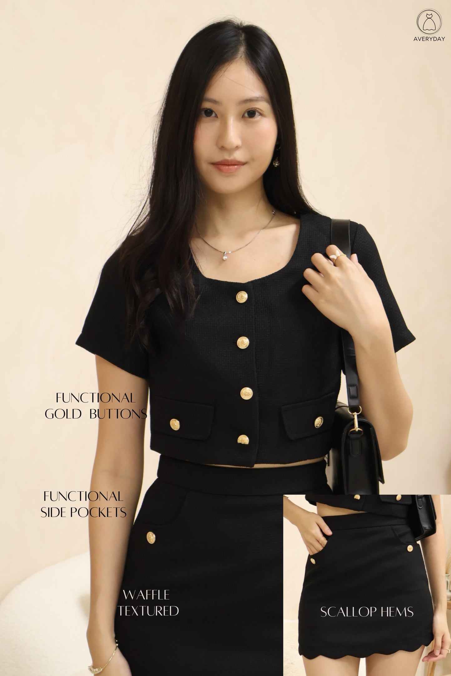 Shermaine Scallop Hem Waffle Textured Co-Ords Set In Black