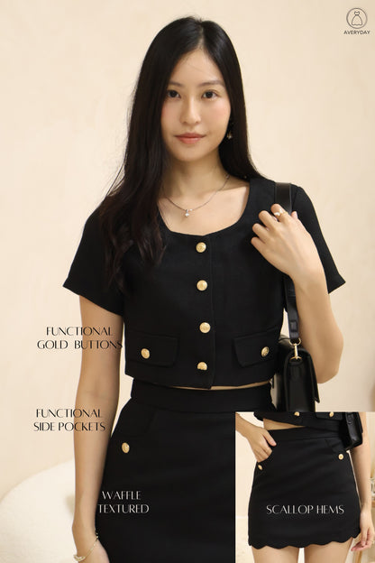 Shermaine Scallop Hem Waffle Textured Co-Ords Set In Black