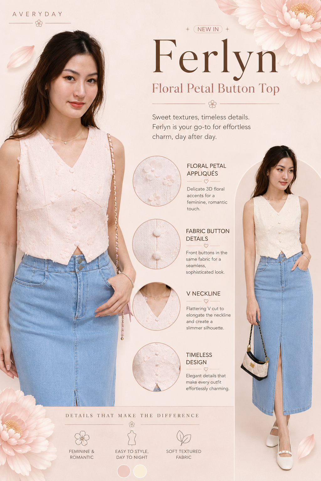 Ferlyn Floral Petal Button Top In Off White