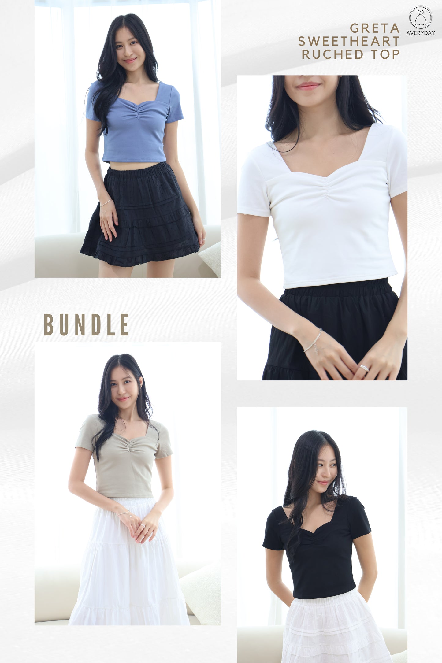 *Bundle* Greta Sweetheart Ruched Top - White/Black/Blue/Olive