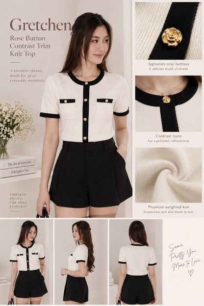 *AVD Label* Gretchen Rose Button Contrast Trim Knit Top In Cream