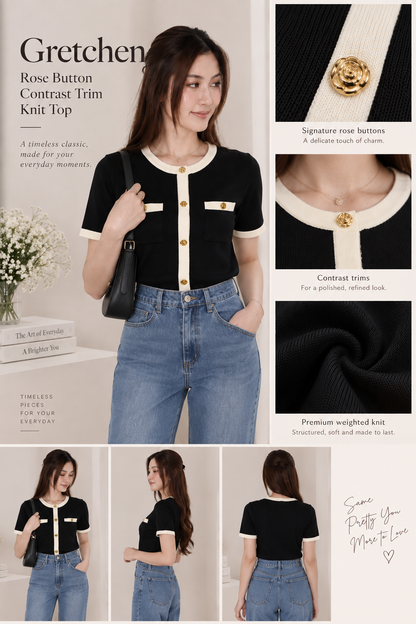 *AVD Label* Gretchen Rose Button Contrast Trim Knit Top In Black