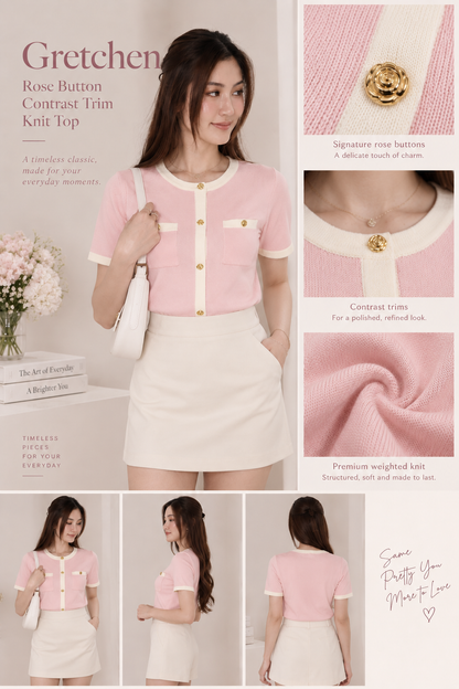 *AVD Label* Gretchen Rose Button Contrast Trim Knit Top In Pink