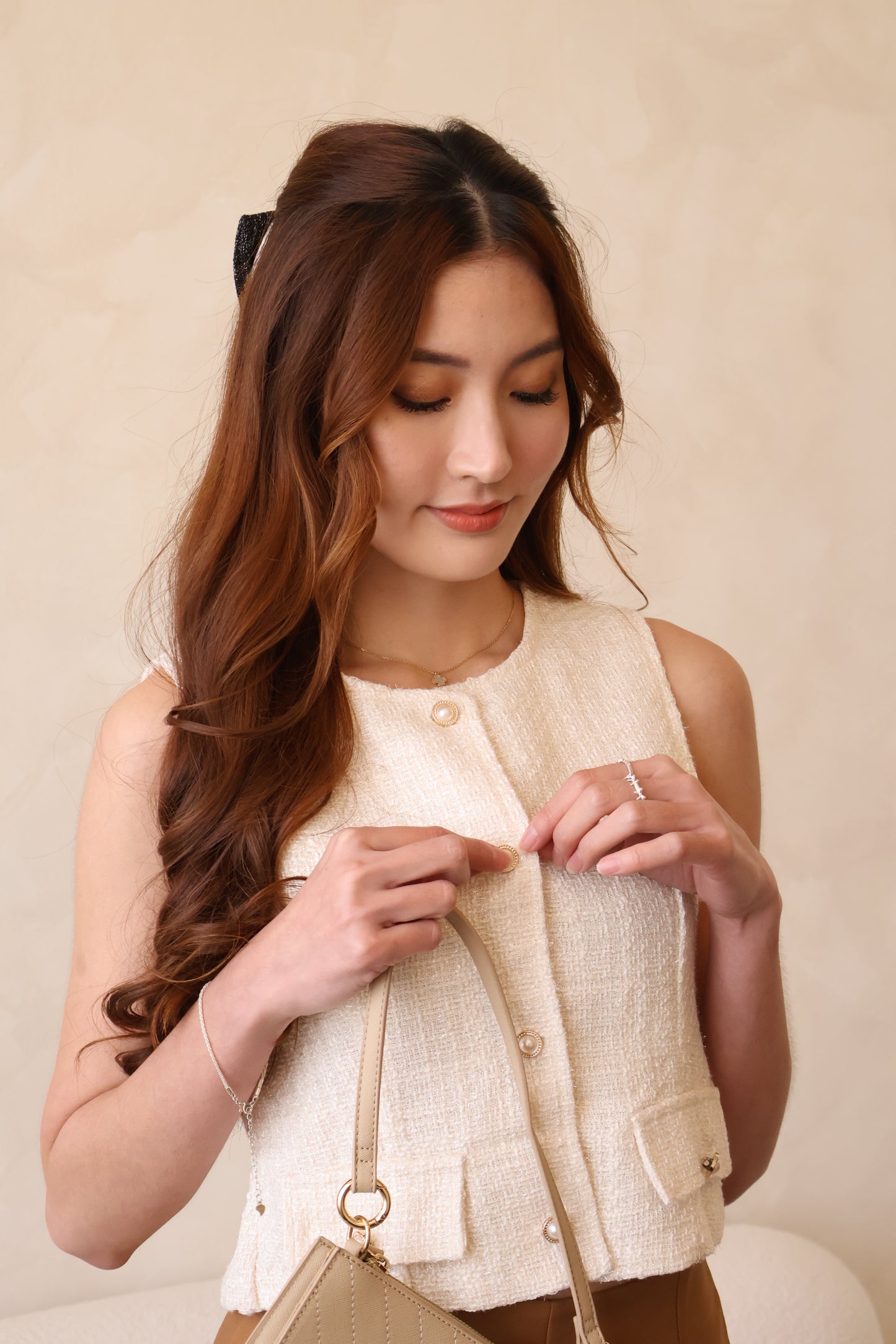 Claire Tweed Pearl Button 2-pc Set In Cream