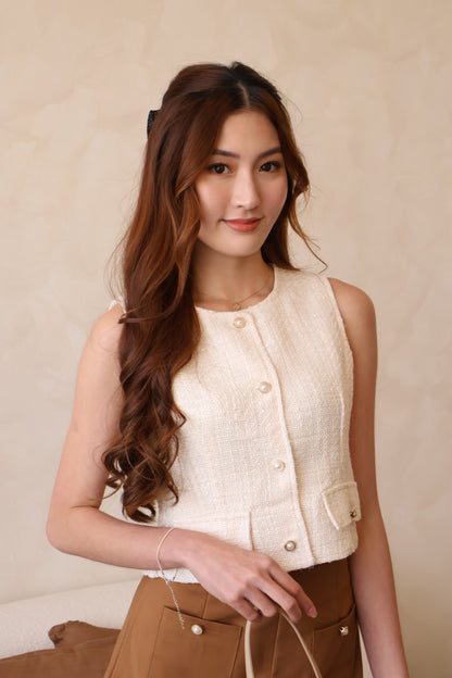 Claire Tweed Pearl Button 2-pc Set In Cream