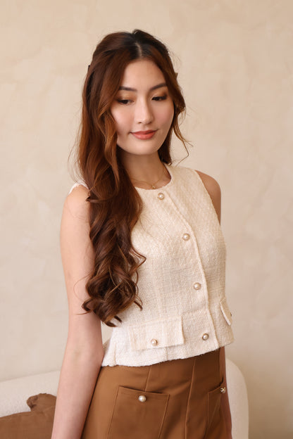 Claire Tweed Pearl Button 2-pc Set In Cream