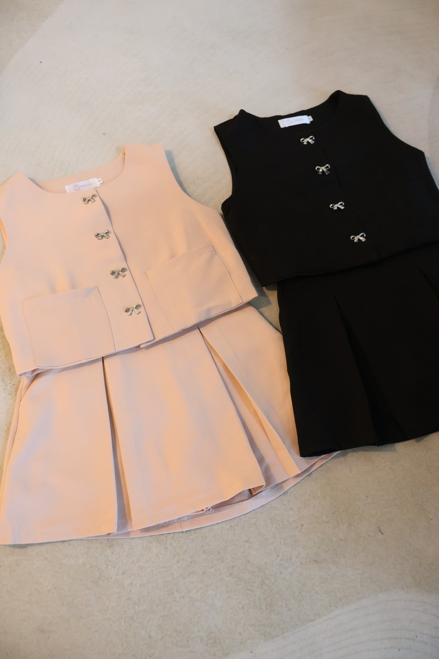 Winnie Ribbon Buttons & Pleated Skorts Co-Ords Set In Pink