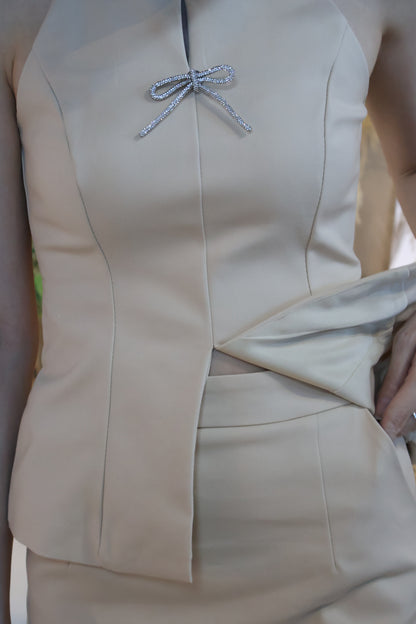 Linzy Ribbon Halter Co-Ords Set In Cream