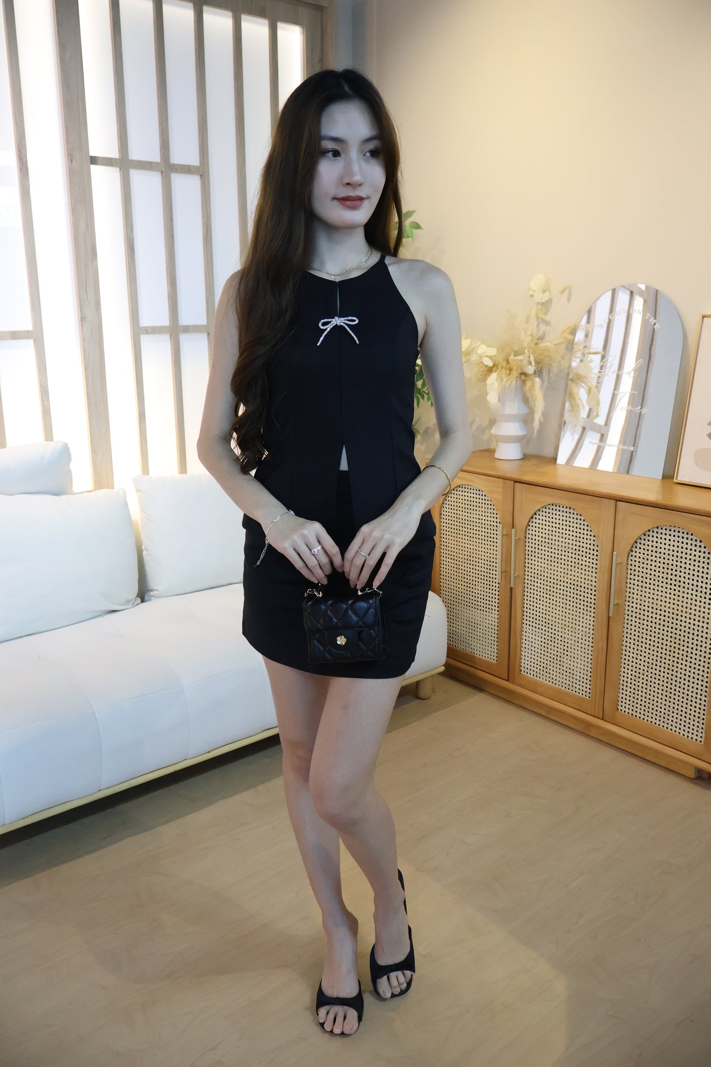 Linzy Ribbon Halter Co-Ords Set In Black