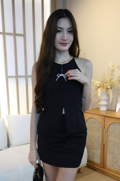 Linzy Ribbon Halter Co-Ords Set In Black