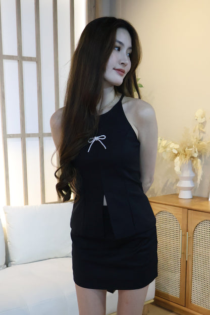 Linzy Ribbon Halter Co-Ords Set In Black