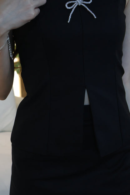 Linzy Ribbon Halter Co-Ords Set In Black