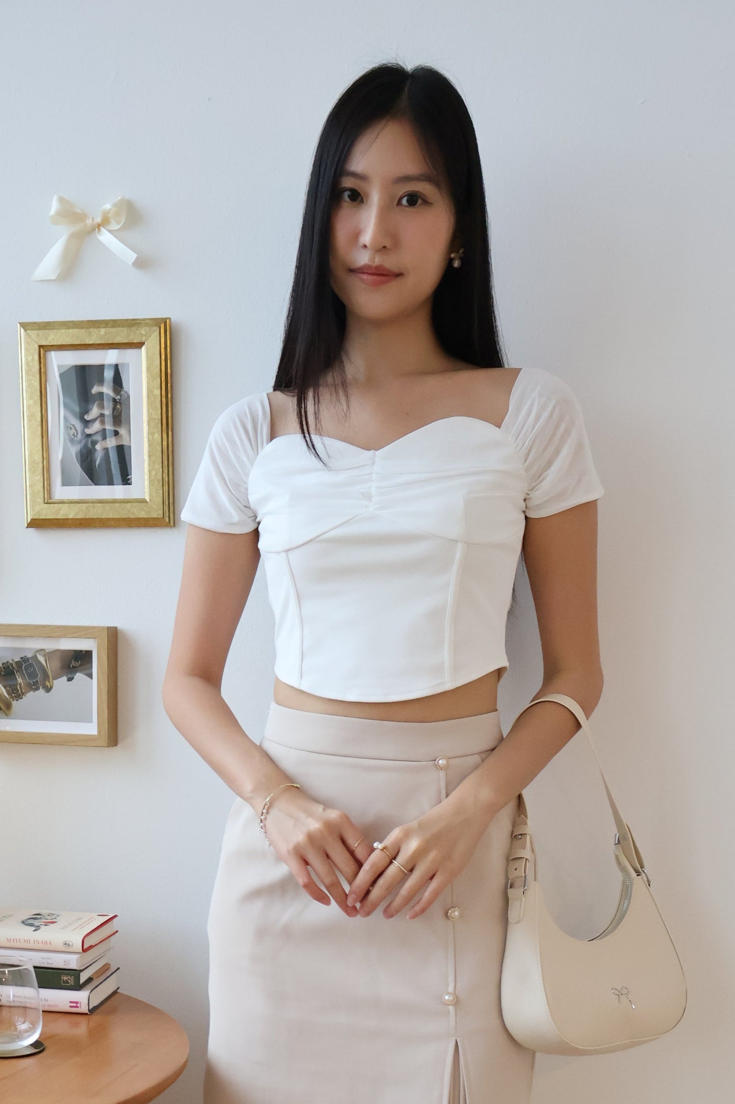 Tisha Mesh Sweetheart Neckline Top In White