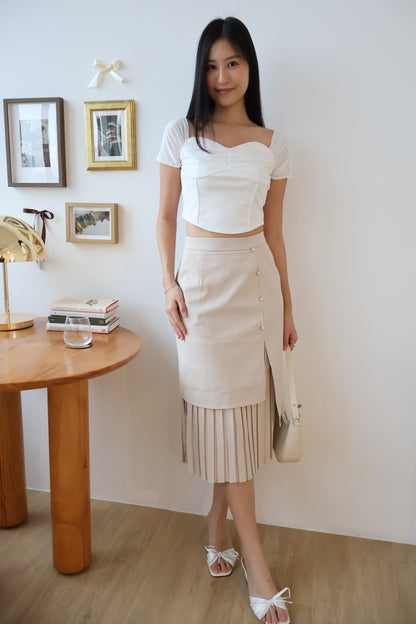 Rayne Pearl Button Pleated Skirt In Taupe