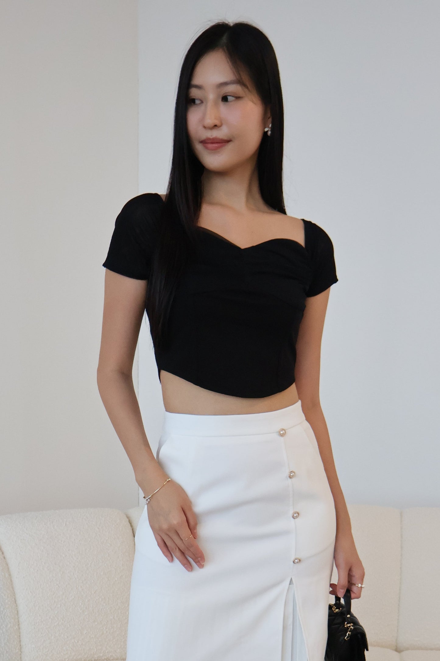 Tisha Mesh Sweetheart Neckline Top In Black