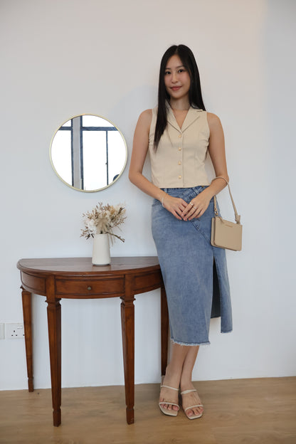 Celine Side Slit Denim Skirt In Mid Wash