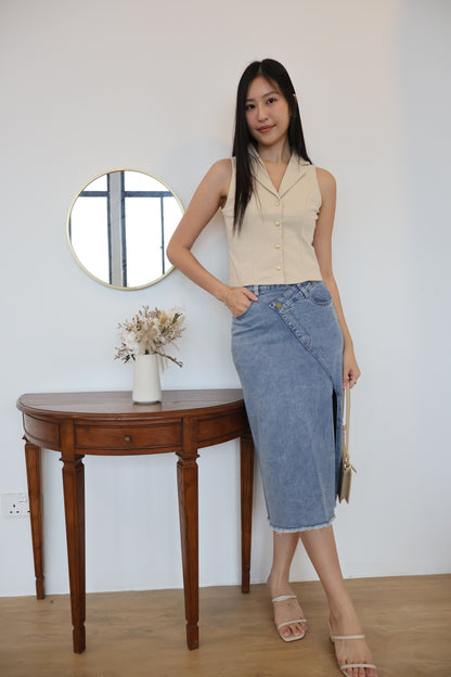 Celine Side Slit Denim Skirt In Mid Wash