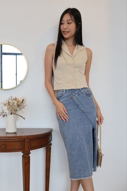 Jomaine Button Vest Top In Khaki