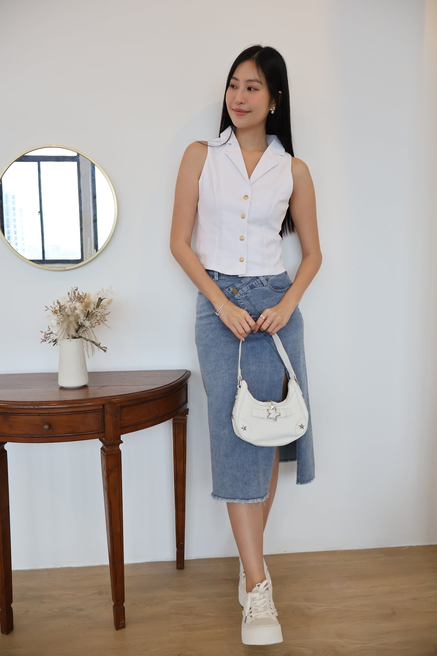 Celine Side Slit Denim Skirt In Mid Wash