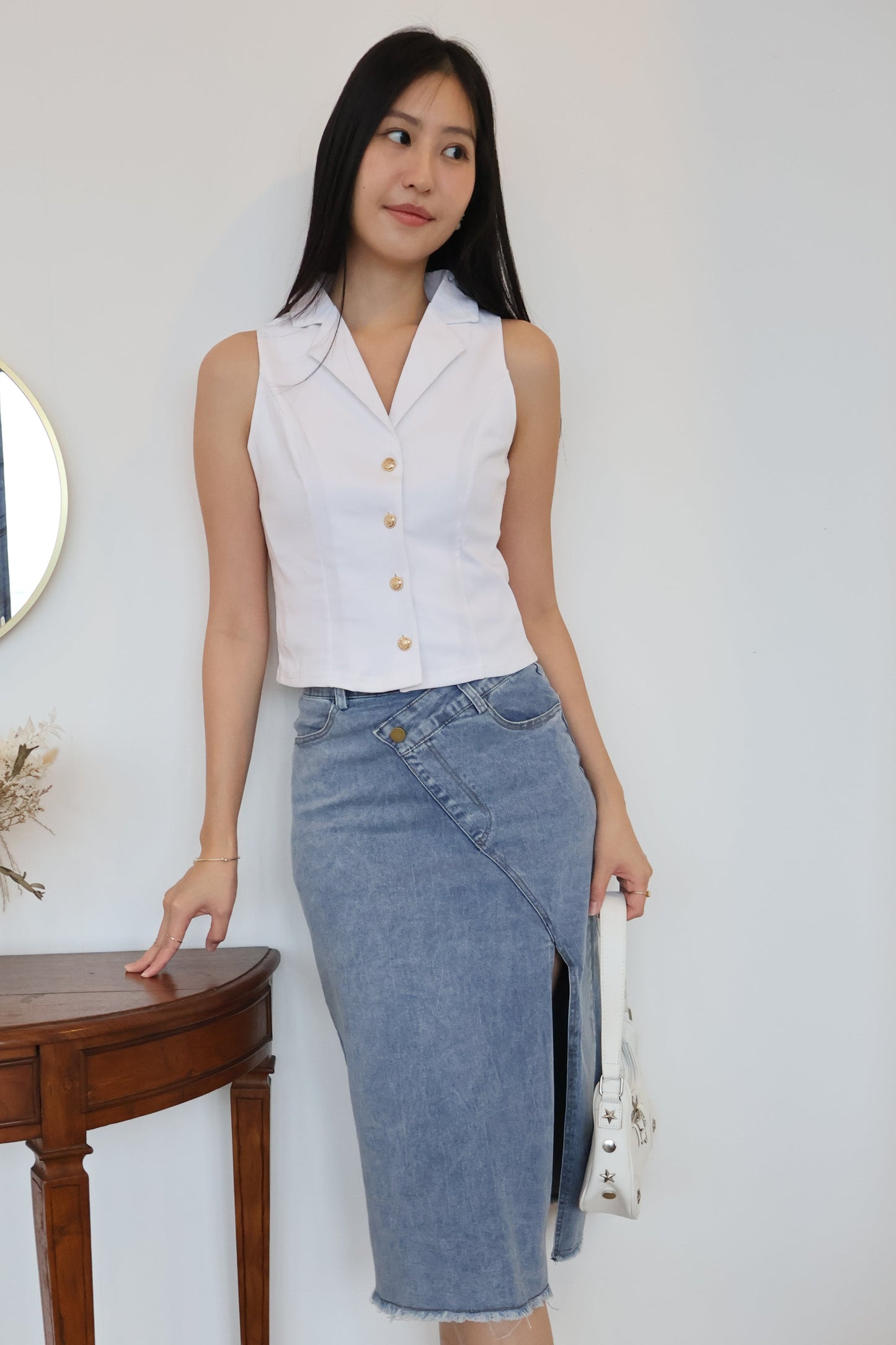 Celine Side Slit Denim Skirt In Mid Wash