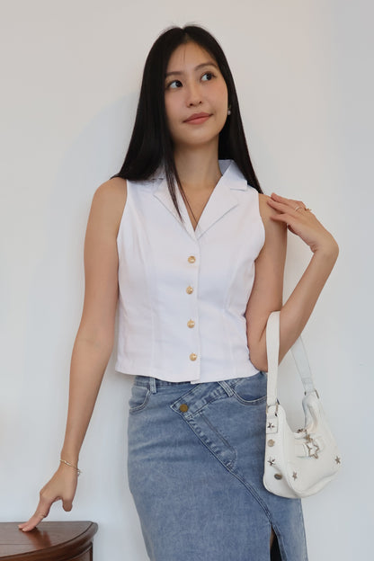 Jomaine Button Vest Top In White